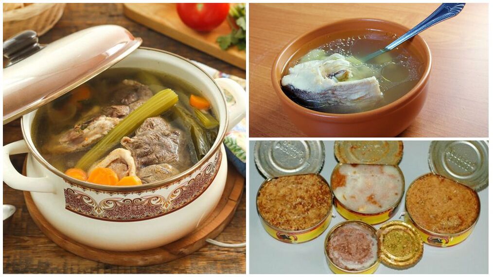 Forbidden food for gout - rich meat and fish broths, canned food
