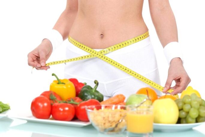 girl measuring waist on grocery background